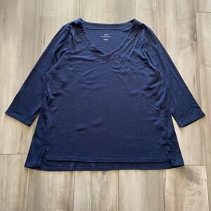 J. Jill 100% Pima Cotton Sweater Womens Large 3/4 Sleeve Dark Navy V-Neck Shirt